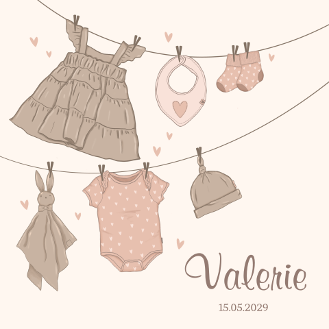 Geboortekaartje waslijn meisje beige met hartjes