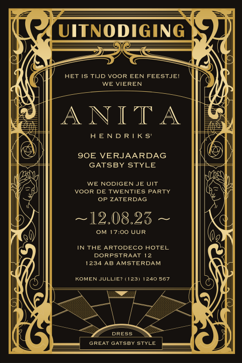 Great Gatsby verjaardagsuitnodiging 90 Art Deco stijl