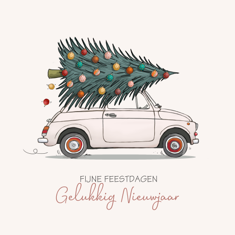 Kerstkaart Fiat 500 met kerstboom op het dak