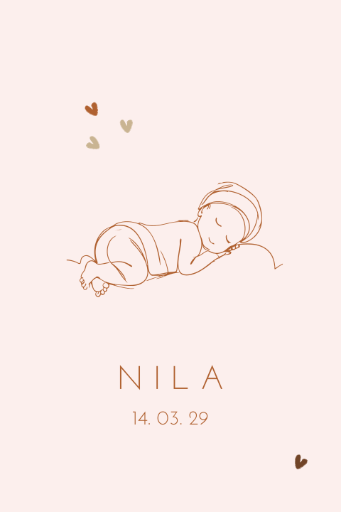 Geboortekaartje meisje met lijntekening van een lief slapende baby
