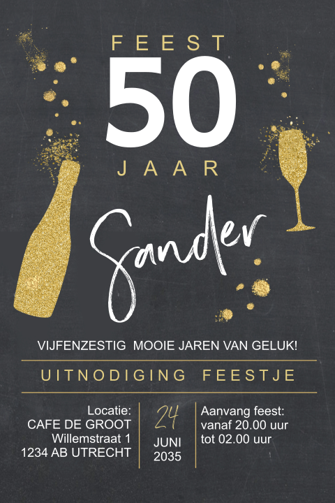 Stoere uitnodiging 50 jaar verjaardag met glitterlook fles en glas