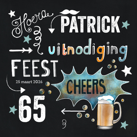 Uitnodiging 65e verjaardag met bier krijtbord
