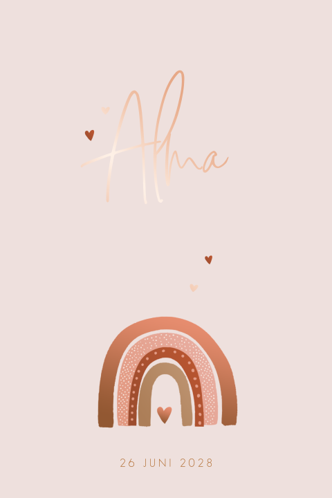 Geboortekaartje meisje met regenboog terracotta met foliedruk