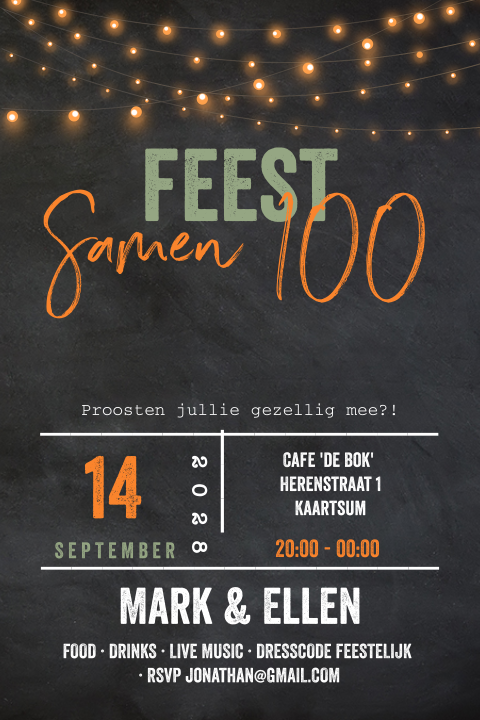 Uitnodiging dubbel feest samen 100 lampjes en krijtbord