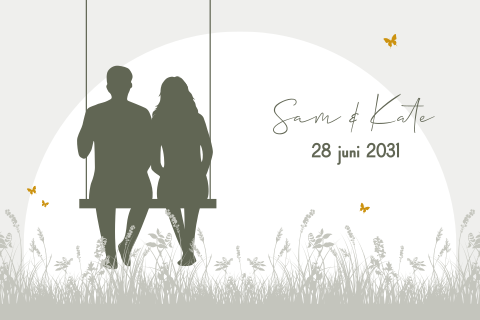 Trouwkaart met silhouet van stel op schommel