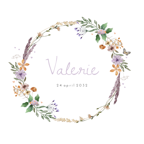 Geboortekaartje meisje bloemenkrans met hartjes