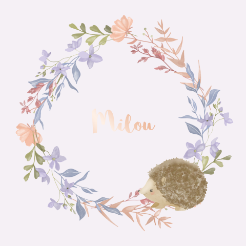 Geboortekaartje voor een meisje met krans en egel