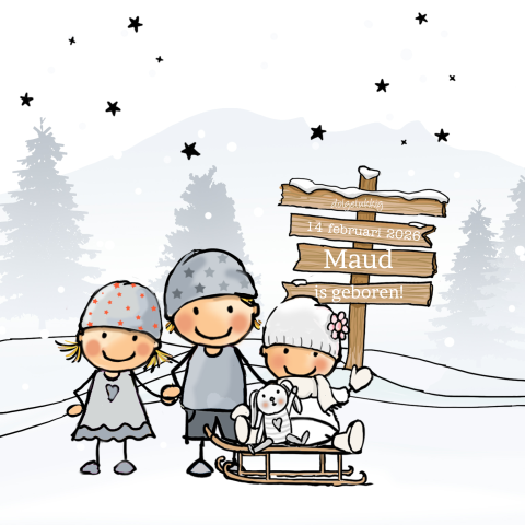 Getekend geboortekaartje meisje 3de kindje winter