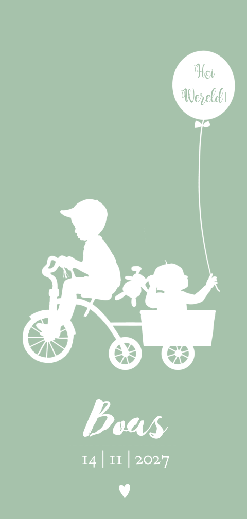 Silhouetten geboorte kaartje driewieler broer met baby