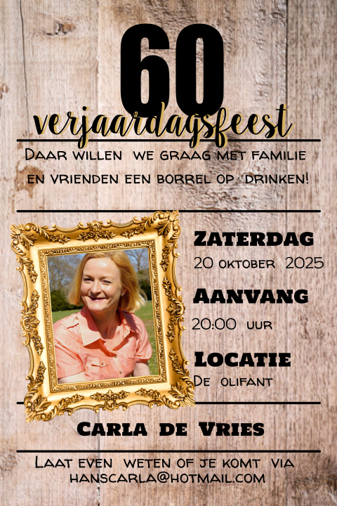 Uitnodiging voor een 60e verjaardag met hout en fotolijst