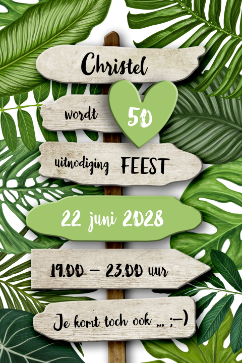 Uitnodiging Feest Botanisch thema met houten borden
