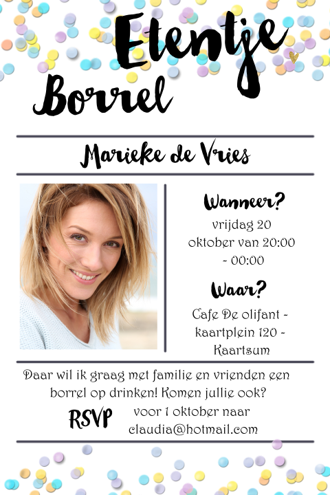 Uitnodiging borrel met lichte kleuren confetti en typografie