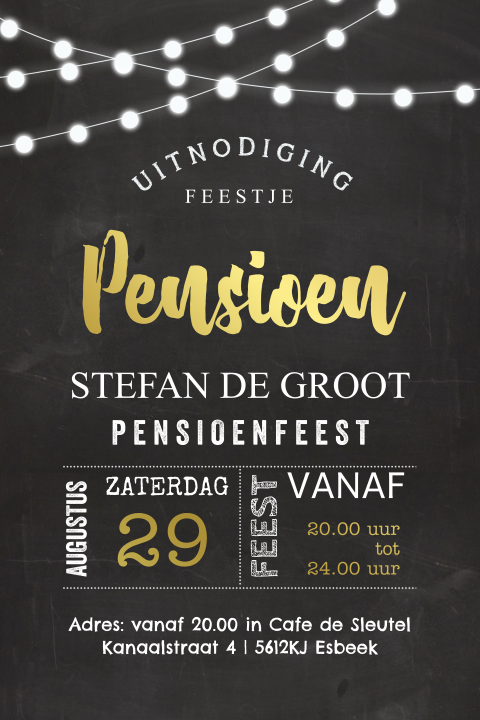 Uitnodiging pensioenfeest krijtbord staand enkel goudfolie