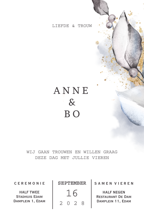 Trouwkaart met lila paarse bloemen en bladeren