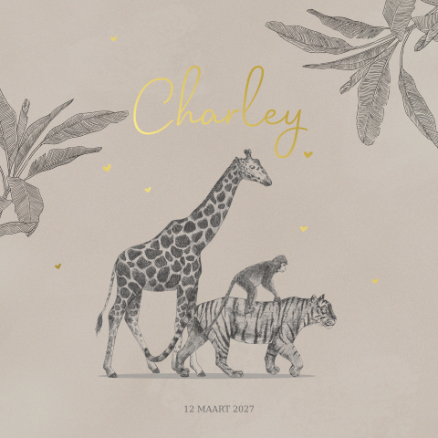 Geboortekaartje unisex met tijger giraffe en aapje