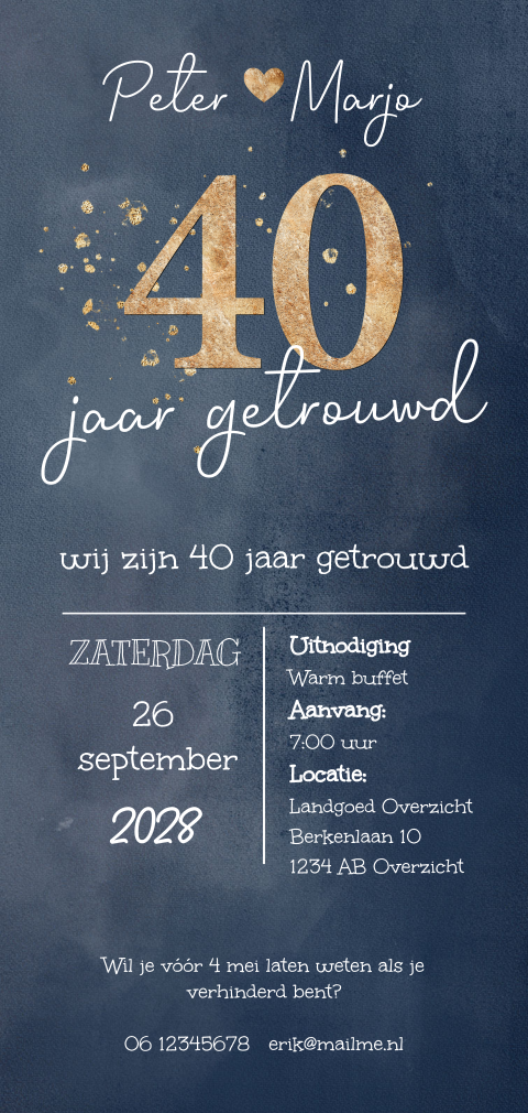 Donkerblauwe 40 jaar getrouwd uitnodiging grafisch