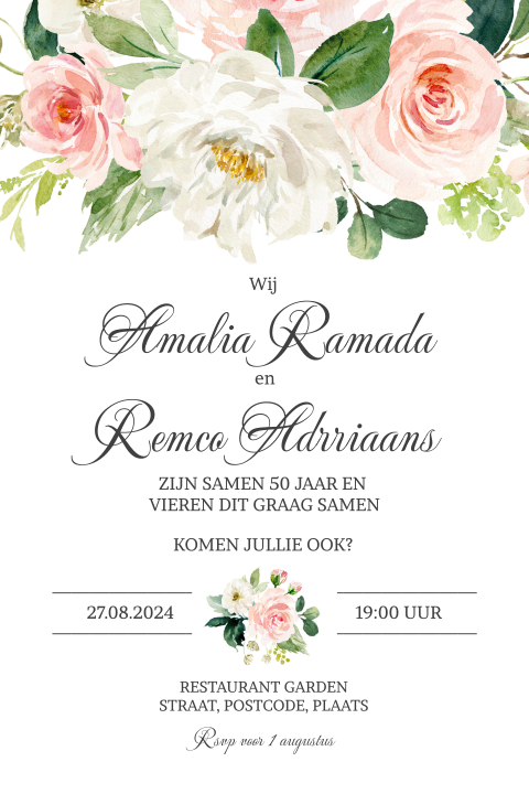 Uitnodiging voor een 50e verjaardag met prachtige roze en rode bloemen