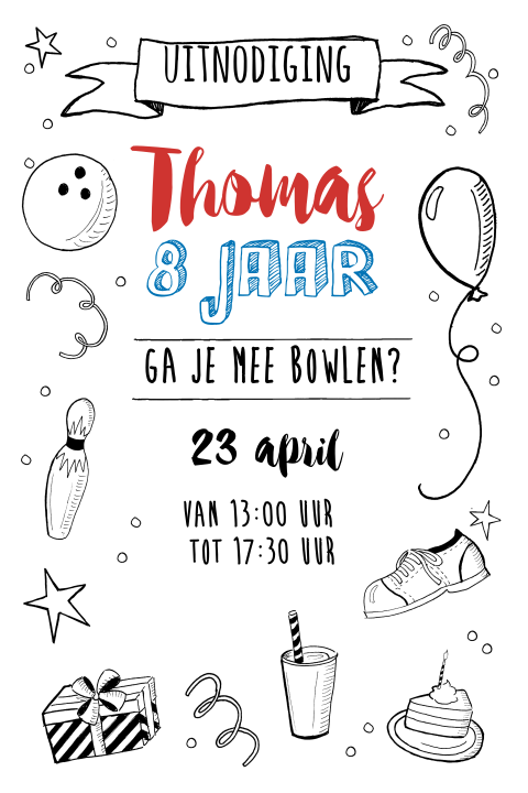 Kinderfeestje uitnodiging bowlen zwartwit stoer