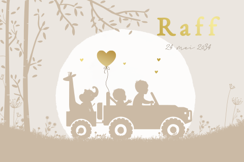 Geboortekaartje jongen in landrover met dieren tweede kindje
