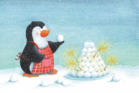 Kerstkaart Pinguïn met soesjestoren