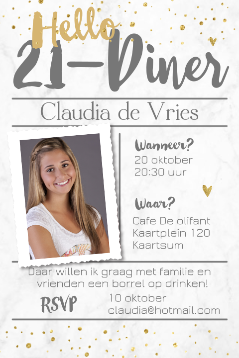 Uitnodiging 21-diner gouden glitters en foto