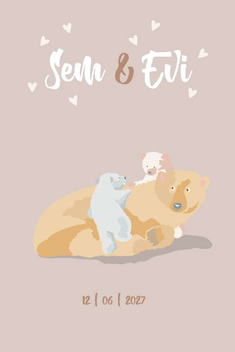 Geboortekaartje voor een tweeling met beer met 2 jongen