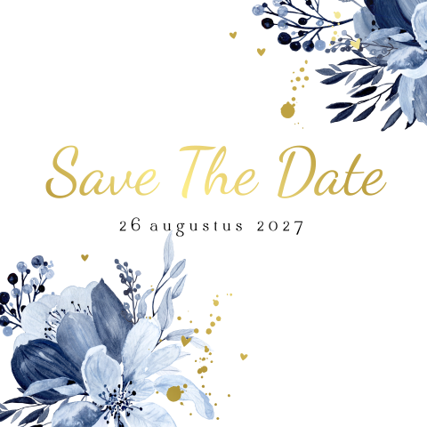 Stijlvolle save the date kaart met bladeren delftsblauw goudfolie