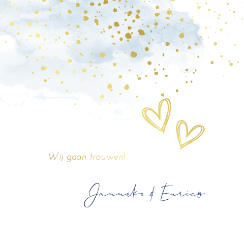 Romantische trouwkaart met goudfolie, aquarel en hartjes