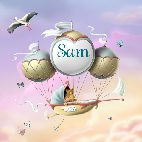 Geboortekaartje jongens met een ooievaar en een wieg aan ballonnen