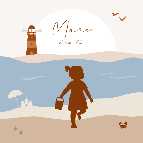 Geboortekaartje zomers met silhouet meisje op het strand