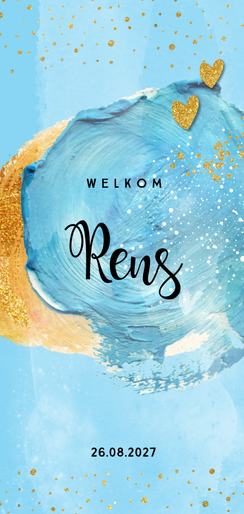 Langwerpig geboortekaartje jongen goud glitter look