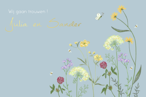 Trouwkaart veldbloemen op blauw