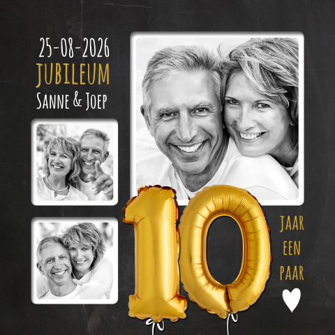 Jubileum uitnodiging 10 jaar getrouwd fotocollage goudlook ballonnen