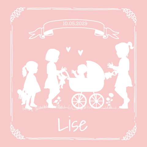 Geboortekaartje 4e kindje meisje met banner en zusjes