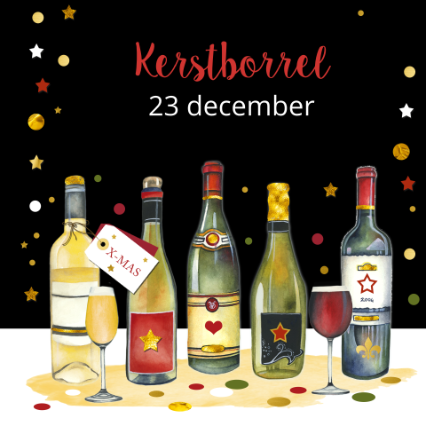 Uitnodiging voor een kerstborrel met wijnglazen en flessen.