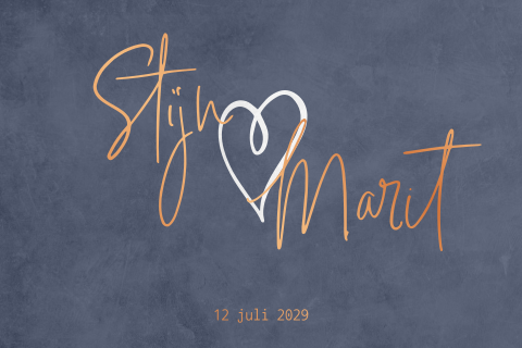 Stijlvolle trouwkaart beton look blauwe kleur met koperfolie