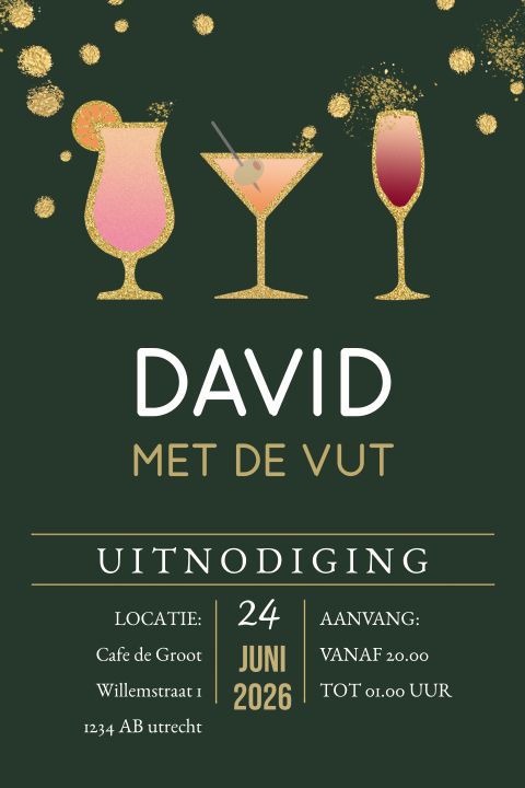 Feestelijke VUT uitnodiging cocktails met glazen