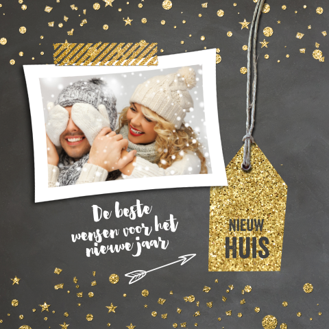 Kerst verhuiskaart met foto krijtbord en gouden label