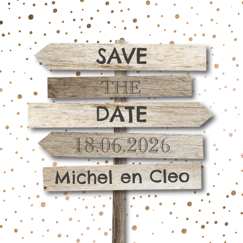 Save the date kaart met koper confetti en houten wegwijzer