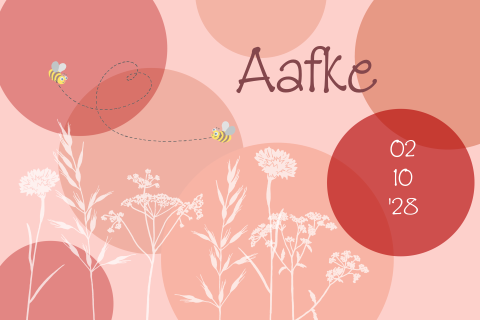 Geboortekaartje voor een meisje roze met cirkels en witte bloemen