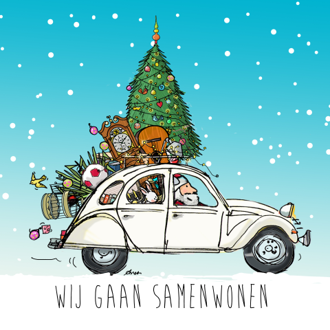 Wij gaan samenwonen kerst verhuiskaart van citroen eend 2cv kaart
