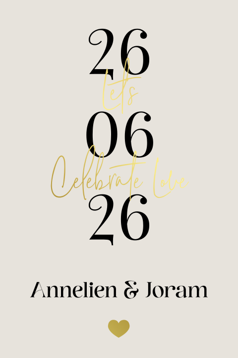Trouwkaart minimalistisch met grote datum en goudfolie