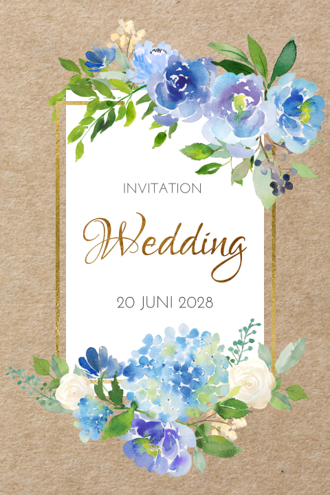 Klassieke trouwkaart met pastel blauwe watercolor bloemen