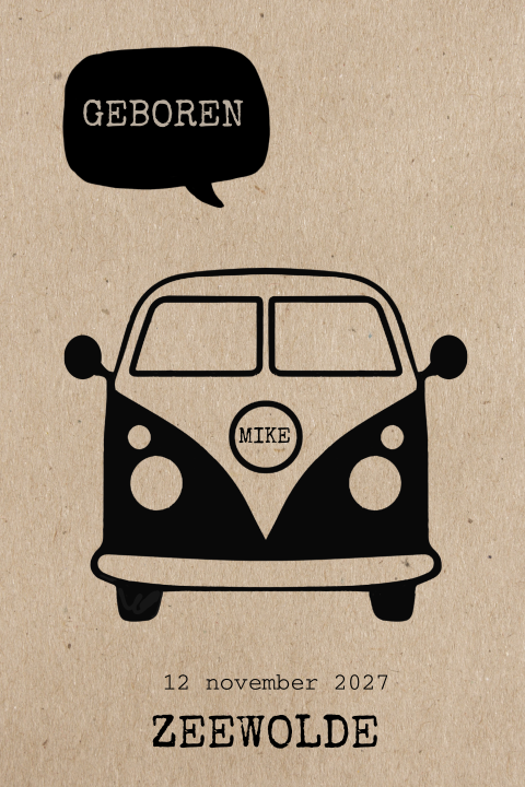 Stoer geboortekaartje jongen met vwbusje in kraftlook