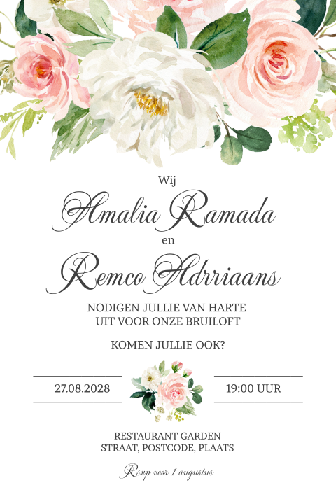 Uitnodiging voor huwelijk met prachtige roze en witte bloemen