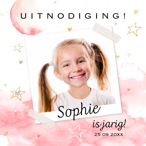 Uitnodiging kinderfeestje meisje foto hartjes sterretjes