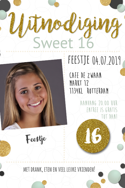Uitnodiging sweet 16 met confetti wit enkel