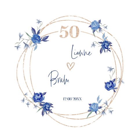 Jubileum 50e uitnodiging blauwe aquarel bloemen en koperen cirkels