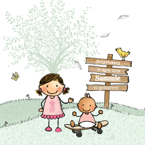 Getekend geboortekaartje meisje tweede kindje lente
