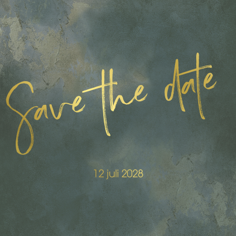 Hippe save the date met goudfolie en groene achtergrond kleur